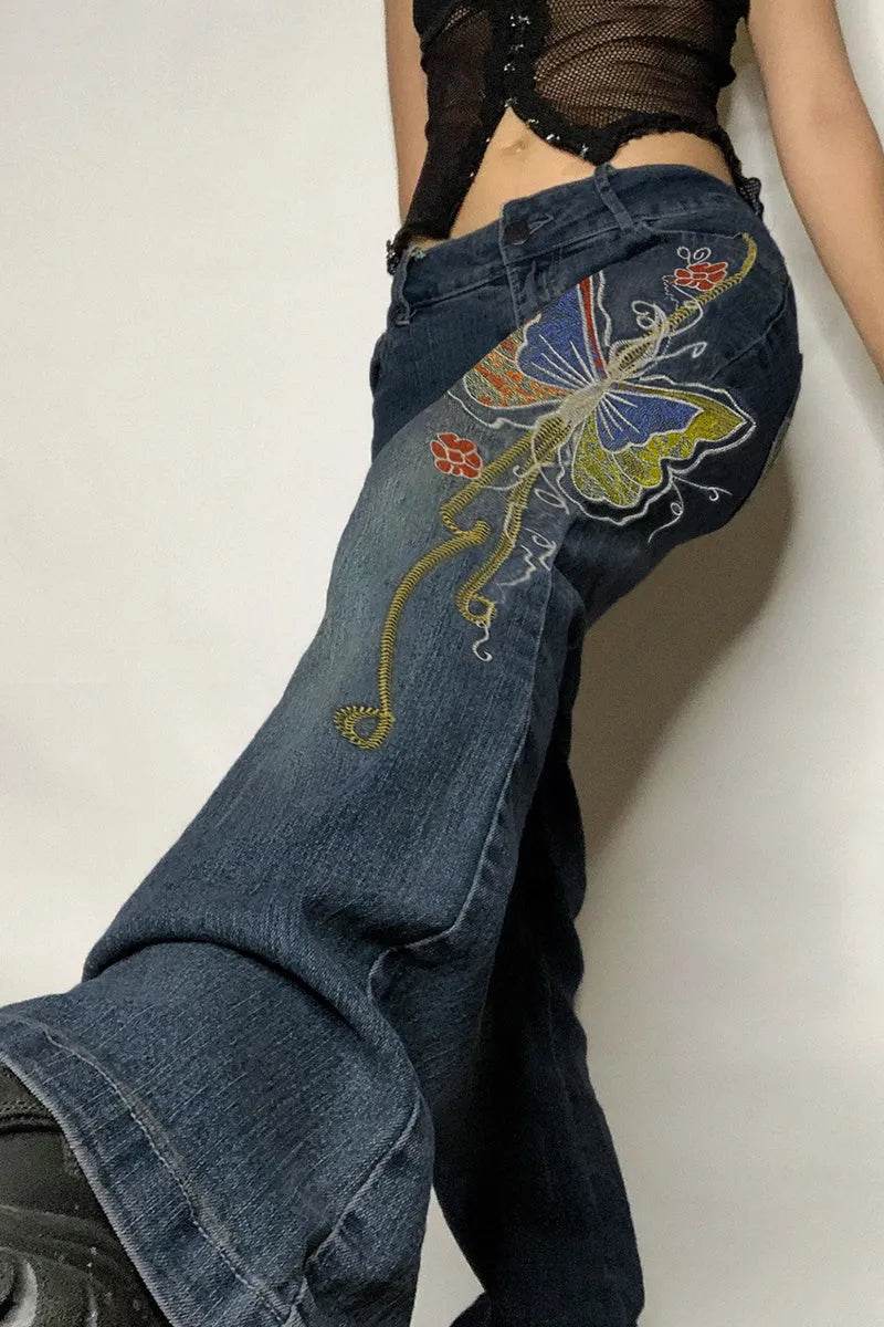 Fashion Women's Sexy High Waist Retro Individual Butterfly Print Bootcut Jeans - www.Shopthatapp.com