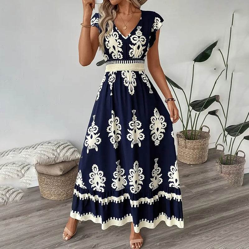 Women's Summer Flowy Maxi Dress Casual Cap Sleeve V Neck Smocked Waist Beach Sundress - www.Shopthatapp.com