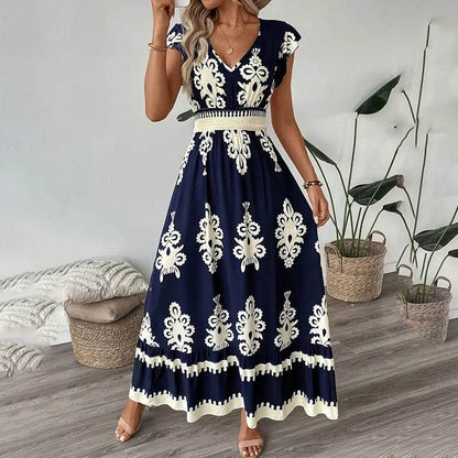 Women's Summer Flowy Maxi Dress Casual Cap Sleeve V Neck Smocked Waist Beach Sundress - www.Shopthatapp.com