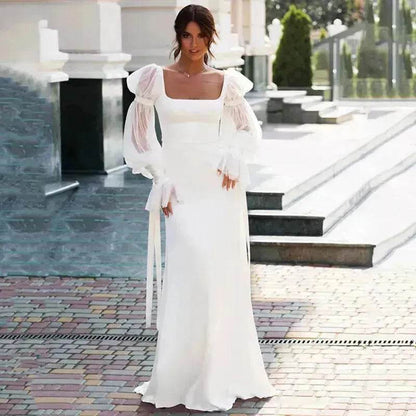Women's Ruffled Long Sleeve Banquet Temperament High Waist Mop White Wedding  Party Fish Tail Styled  Dress Mermaid Dress - www.Shopthatapp.com