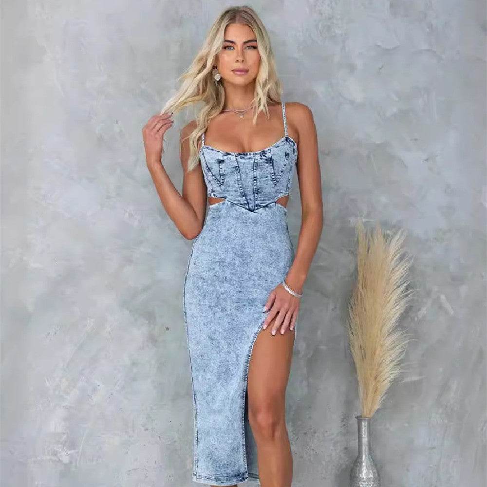 Women's Fashion Personalized Sleeveless Sling Denim Split Midi fitted Dress - www.Shopthatapp.com