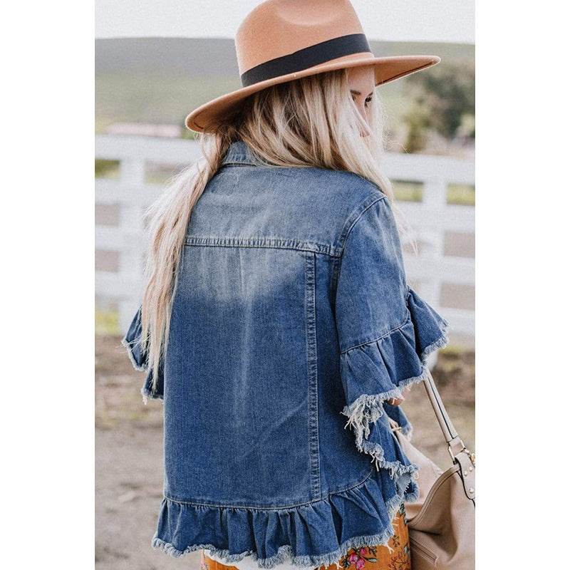 Loose Denim Jacket with Ruffled Sleeves Casual Cotton Style - www.Shopthatapp.com