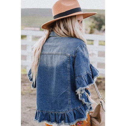 Loose Denim Jacket with Ruffled Sleeves Casual Cotton Style - www.Shopthatapp.com