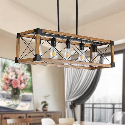 5 Lights Vintage Farmhouse Chandelier For Kitchen, Living Room, Dining Room Walnut - No Bulbs - www.Shopthatapp.com