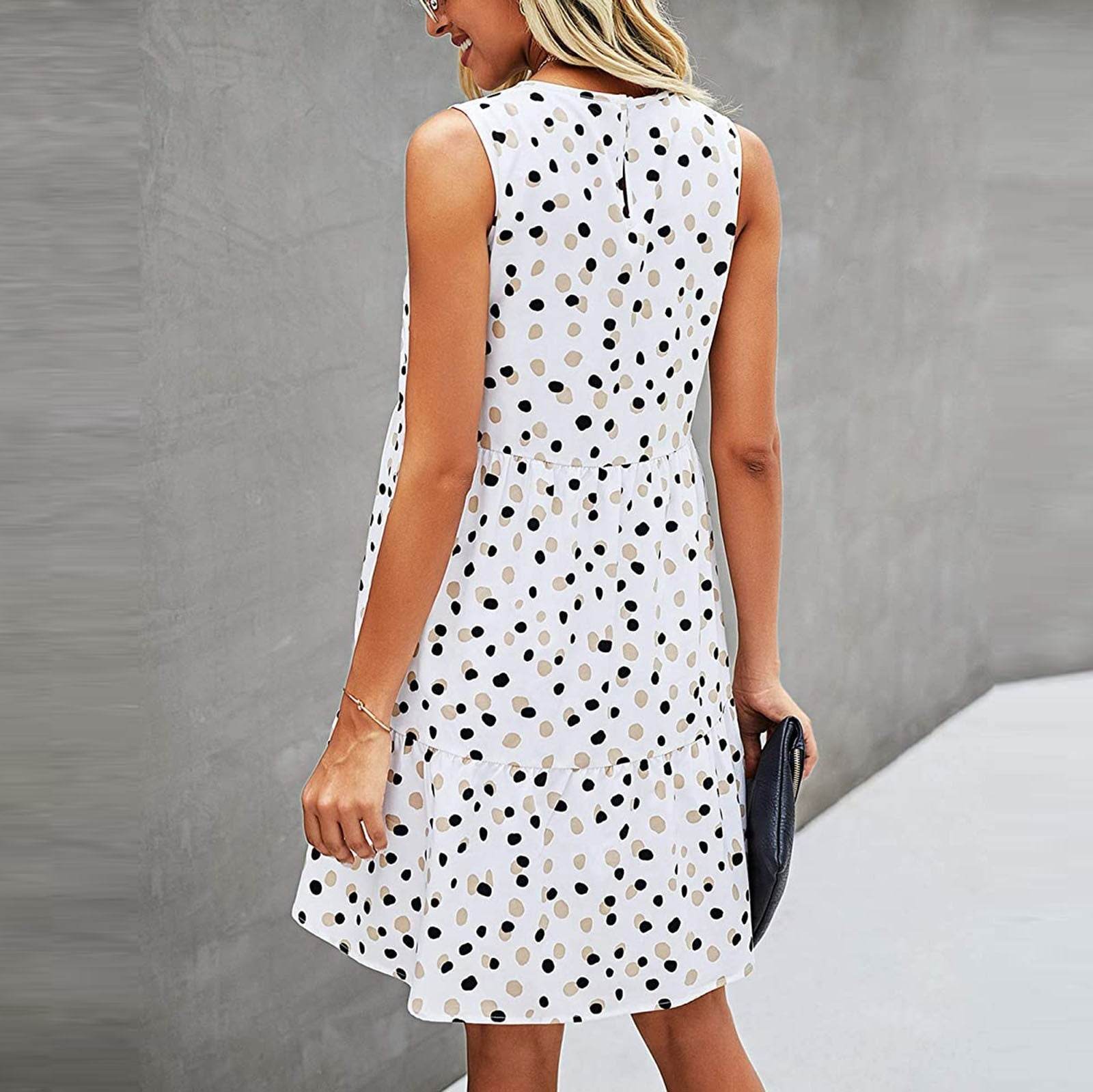 Women Summer Dot Print Sleeveless Loose Swing T-Shirt Dress With Pocket Casual Tank Mini Dresses Sundress - www.Shopthatapp.com