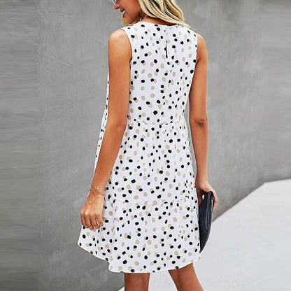 Women Summer Dot Print Sleeveless Loose Swing T-Shirt Dress With Pocket Casual Tank Mini Dresses Sundress - www.Shopthatapp.com