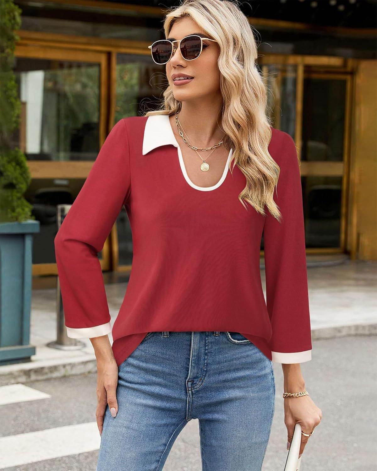 Casual Color Matching Lapel Long Sleeve Blouse Top Women - www.Shopthatapp.com