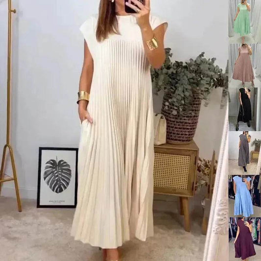 Women Summer Pleated Maxi Dress Casual Short Sleeve Crewneck Flowy Swing Long Dress with Pockets - www.Shopthatapp.com