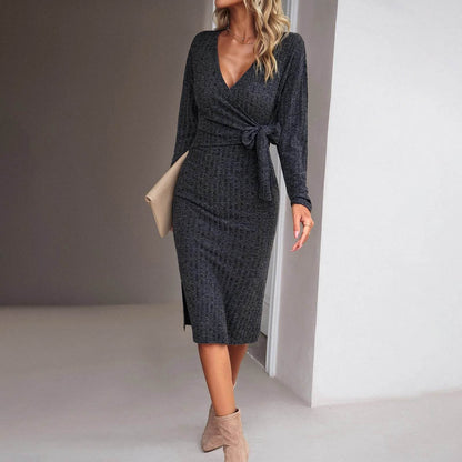 Autumn And Winter V-neck Long Sleeve Knitted sweater Wrap Dress - www.Shopthatapp.com