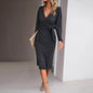Autumn And Winter V-neck Long Sleeve Knitted sweater Wrap Dress - www.Shopthatapp.com