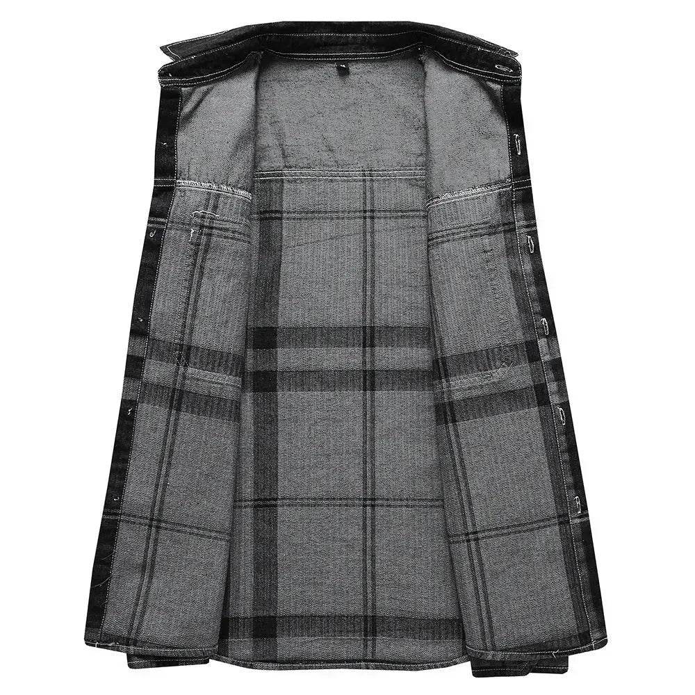 Fashion Plaid Denim Long-sleeved mens denim shirt Slim fit Jeans Shirt for men Denim top for men - www.Shopthatapp.com