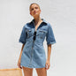 Women's Short Sleeve Pocket Waist Shirt Denim Dress - www.Shopthatapp.com
