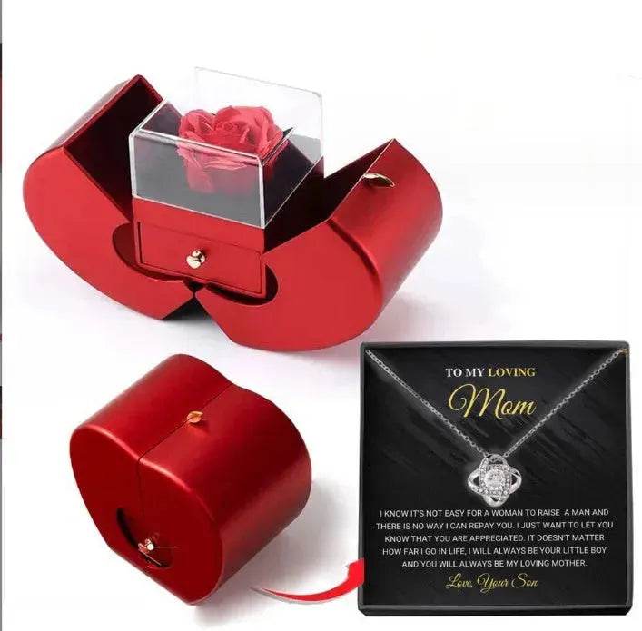 Fashion Jewelry Box Red Apple Christmas Gift Necklace Eternal Rose For Girl Mother's Day Valentine's Day Gifts With Artificial Flower Rose Flower Jewelry Box - www.Shopthatapp.com