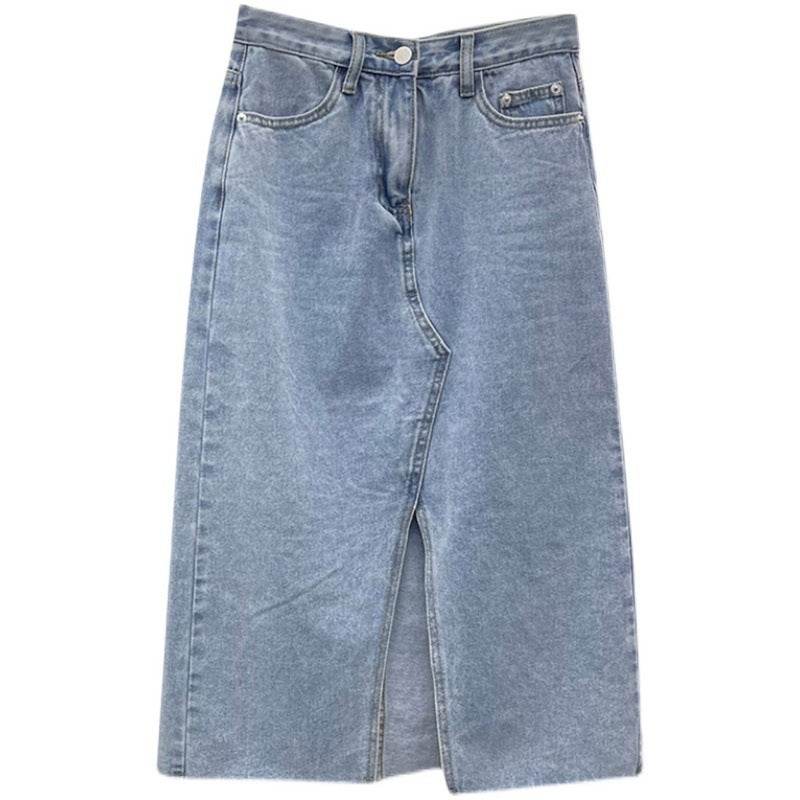 Casual Front Slit Dark Blue and Light Blue Denim Midi Skirt for women - www.Shopthatapp.com