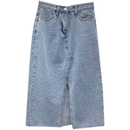Casual Front Slit Dark Blue and Light Blue Denim Midi Skirt for women - www.Shopthatapp.com