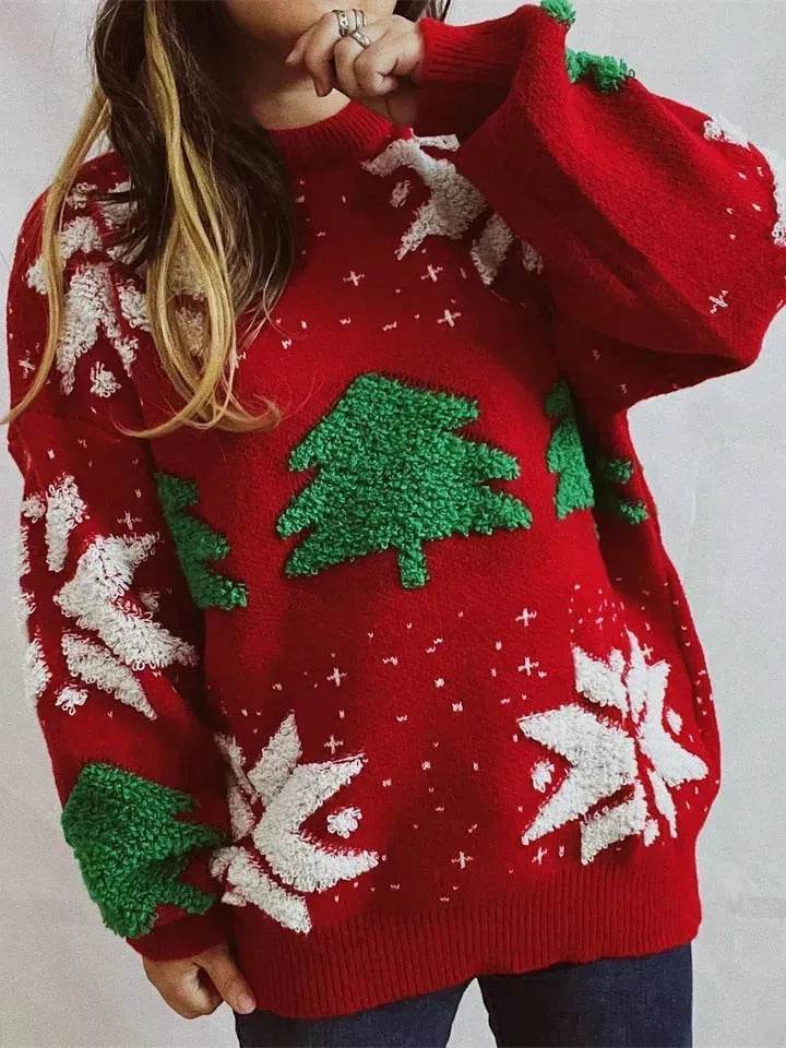 Women's Fashion Christmas Tree Jacquard Round Neck Long Sleeve Pullover Sweater top - www.Shopthatapp.com