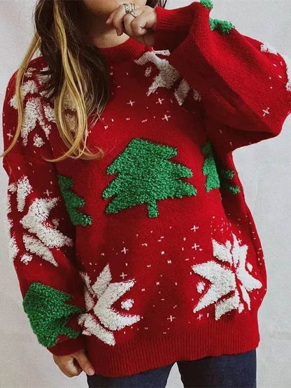 Women's Fashion Christmas Tree Jacquard Round Neck Long Sleeve Pullover Sweater top - www.Shopthatapp.com