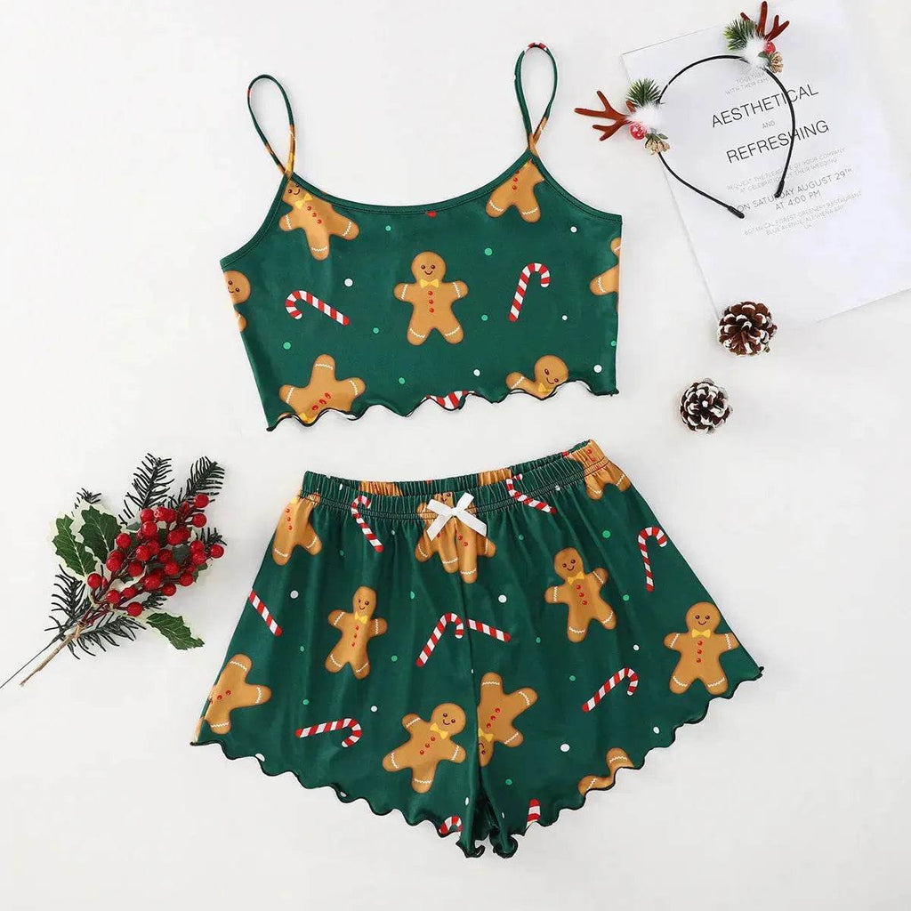 Christmas European And American Thin Pajamas Women's Sleeveless Shorts Milk Silk Simple Casual Two-piece Suit Homewear - www.Shopthatapp.com