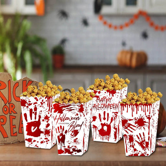 12Pcs Halloween Popcorn Box 3 Style Trick Or Treating Snack Treat Box Bloodstain Ghost Castle Bat Pattern Candy Cookie Container For Halloween Party Supplies - www.Shopthatapp.com