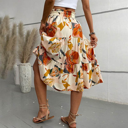 Women's Floral Tiered Midi Skirt Elastic Waist Dressy Casual A-line Flowy Boho Skirts - www.Shopthatapp.com