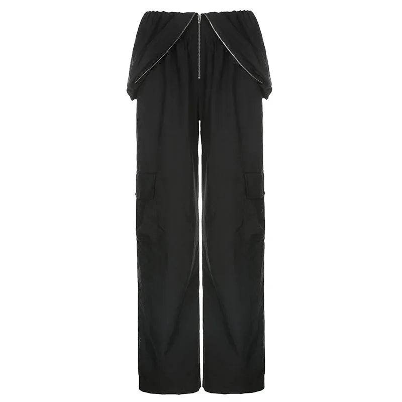 Solid Color High-waisted Zipper V Loose Straight Pocket Street fashion Cargo Pants Women - www.Shopthatapp.com