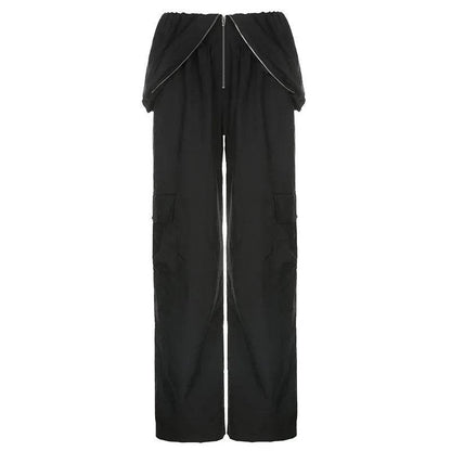 Solid Color High-waisted Zipper V Loose Straight Pocket Street fashion Cargo Pants Women - www.Shopthatapp.com