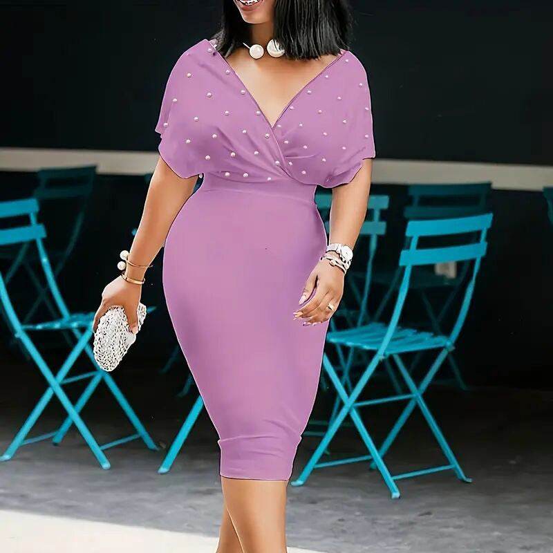 Women's Back Zipper dress Elegant Deep V Neck Wrap Bodycon Dress Pencil Midi Dress - www.Shopthatapp.com