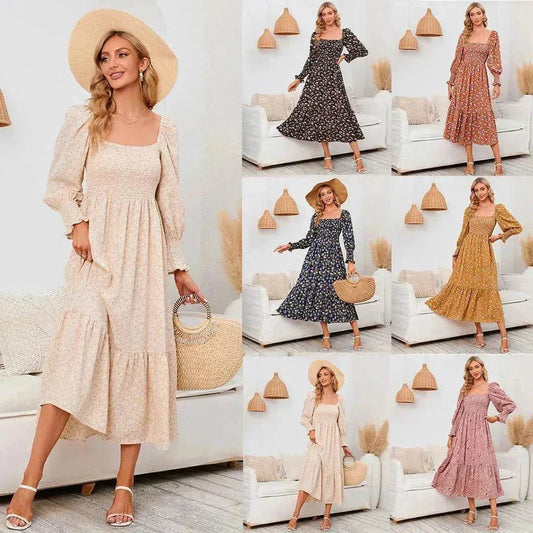 Chiffon European And American Square Collar Horn Printing Comfortable Floral Skirt - www.Shopthatapp.com