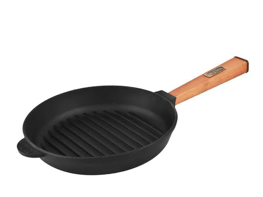 Poêle à griller en fonte de 28 cm avec manche en bois amovible, profondeur 5 cm