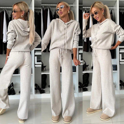 Cila Hooded Long Sleeved Sweatshirt Wide Leg Pants Set