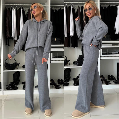 Cila Hooded Long Sleeved Sweatshirt Wide Leg Pants Set