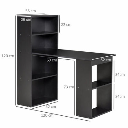 Bureau d'ordinateur moderne de 120 cm, étagère, table d'étude, poste de travail, ordinateur portable, bureau à domicile, 6 étagères, noir