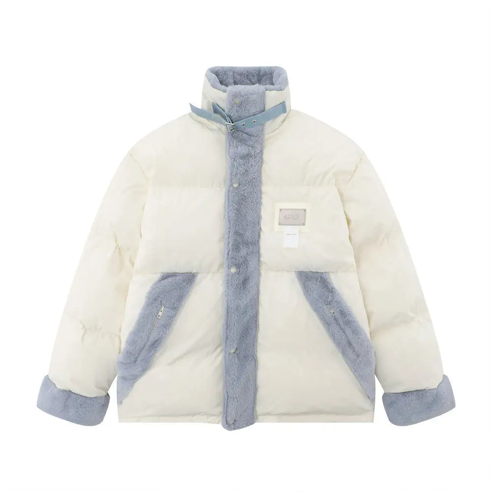 Color Contrast Patchwork Plush Stand-up Collar Cotton-padded Coat Men - www.Shopthatapp.com