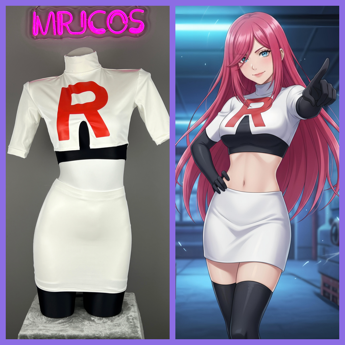 Anime Team Rocket Spandex Leather Cosplay Costume Set with Gloves and Skirt - www.Shopthatapp.com