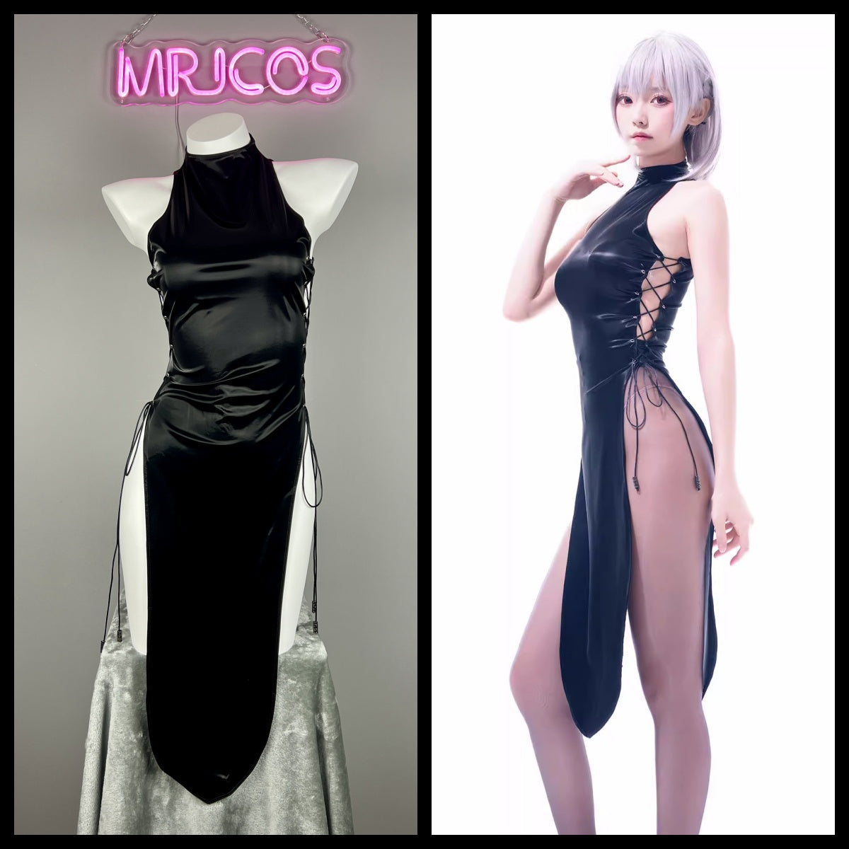 Vintage PU Leather Satin Cheongsam Lingerie Sexy Party Dress Costume - www.Shopthatapp.com