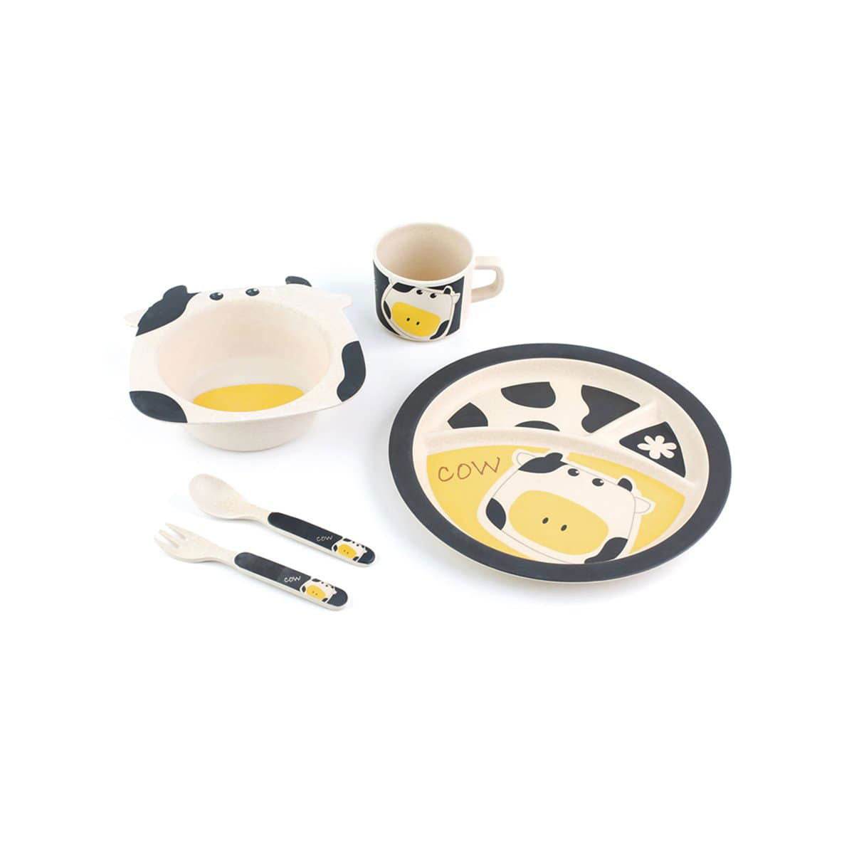 Cow dinnerware set for kids featuring a plate, bowl, cup, and utensils in playful designs