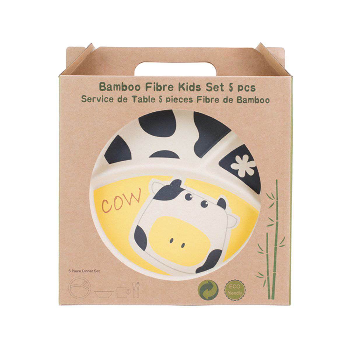 Cow dinnerware set for kids in bamboo fibre with eco-friendly packaging and playful design