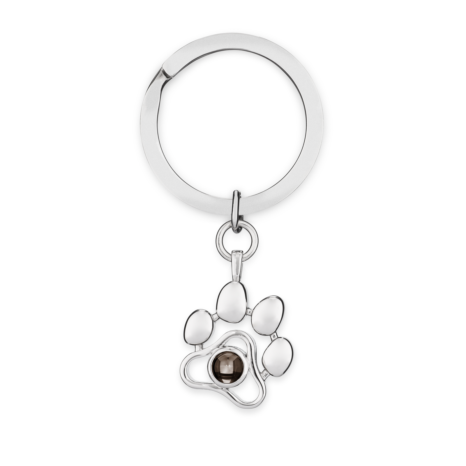 Custom pet photo keychain with a silver paw print design and a round gemstone