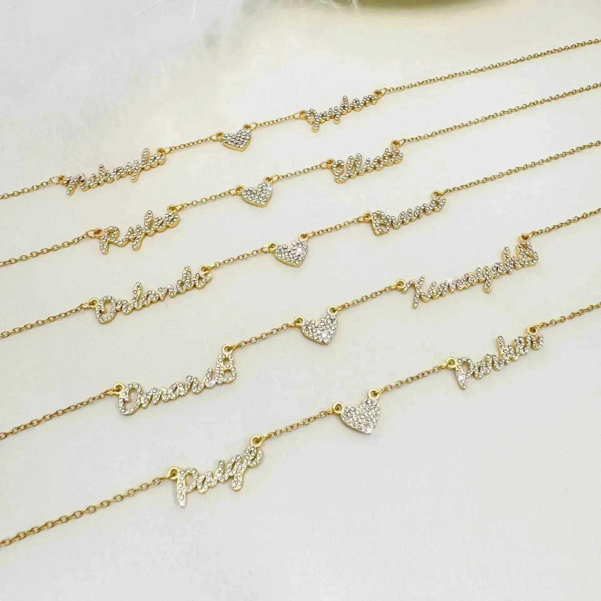 Customized DIY Diamond Inlaid Multi Name Necklace Stainless Steel Chain Heart Charming Choker Customized Necklace Jewelry - www.Shopthatapp.com