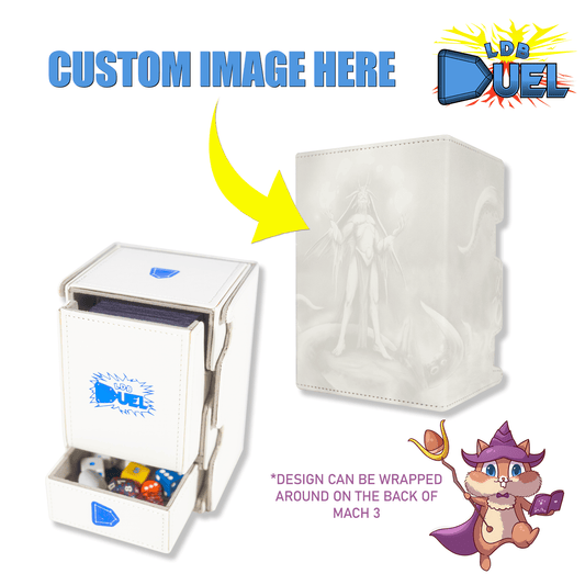 Custom Printed Mach 3 Deck Box with detachable lid and vibrant artwork, shown open with dice and cards.