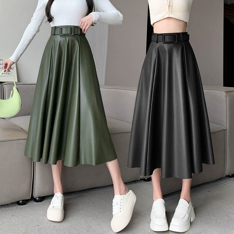 Elegant women High waist Flared Midi PU Leather skirt - www.Shopthatapp.com