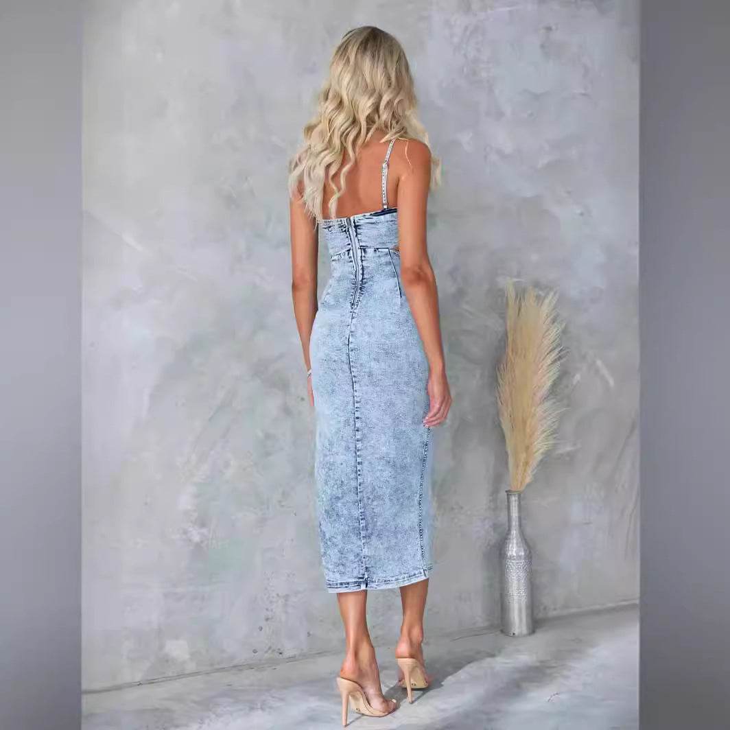 Women's Fashion Personalized Sleeveless Sling Denim Split Midi fitted Dress - www.Shopthatapp.com