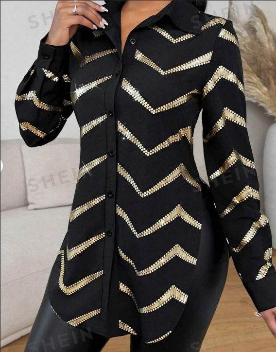 Lyxana Open Placket Foil Print Random Cut Shoulder Long Sleeve Cinched Waist Blouse Women tunic Shirt - www.Shopthatapp.com