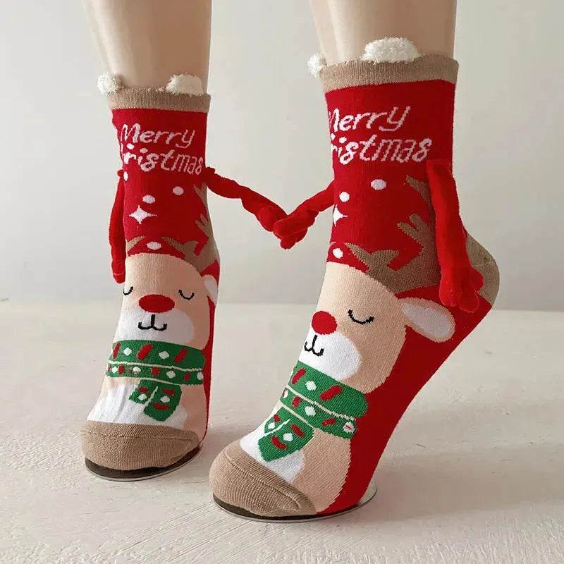 Christmas Magnetic Socks Cute Elk Santa Claus Snowman Hand-holding Socks For Couple - www.Shopthatapp.com