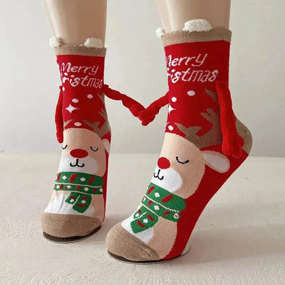 Christmas Magnetic Socks Cute Elk Santa Claus Snowman Hand-holding Socks For Couple - www.Shopthatapp.com