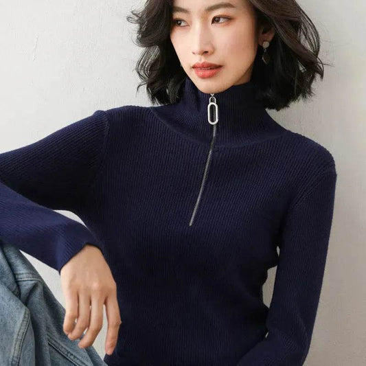 Women Autumn Winter Slim Fit High neck Half zip Knitted sweater Top - www.Shopthatapp.com