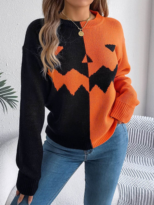 Fall And Winter Halloween Spooky Pumpkin Contrast Long Sleeve Pullover Sweater Women's Clothing - www.Shopthatapp.com