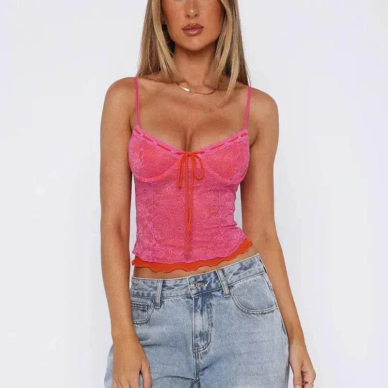 Charming Lace Camisole Top Summer Slim Gauze Backless Vest Fashion Lace-up Evening Top for Women Low Back Tops - www.Shopthatapp.com