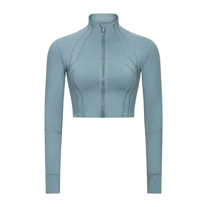 Autumn And Winter New Elastic Slim-fit High neck Zip Up Yoga crop top - www.Shopthatapp.com