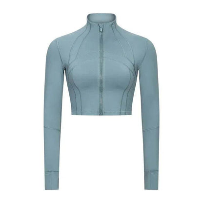 Autumn And Winter New Elastic Slim-fit High neck Zip Up Yoga crop top - www.Shopthatapp.com